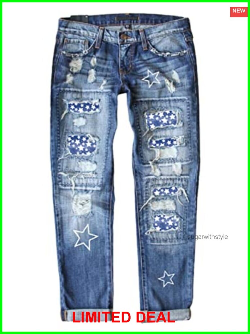 Ripped Boyfriend Jeans Plaid Patch Distressed Denim Mid-Rise Boot Cut